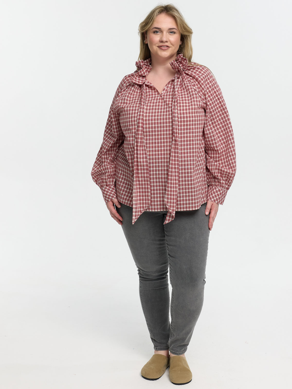 Curvy Bluse mit Schleife "Manja" in Rot kariert