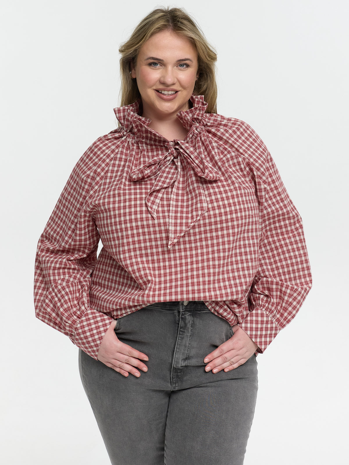 Curvy Bluse mit Schleife "Manja" in Rot kariert