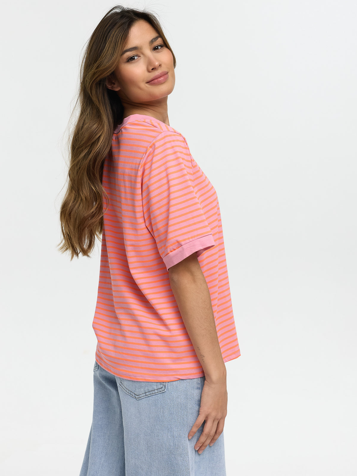 T-Shirt "Holly" in Rosa/Orange gestreift