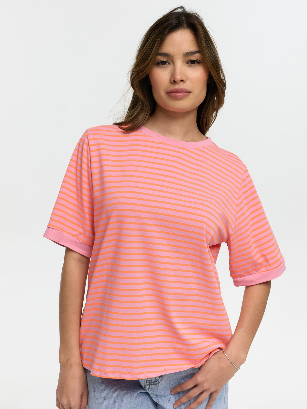 T-Shirt "Holly" in Rosa/Orange gestreift