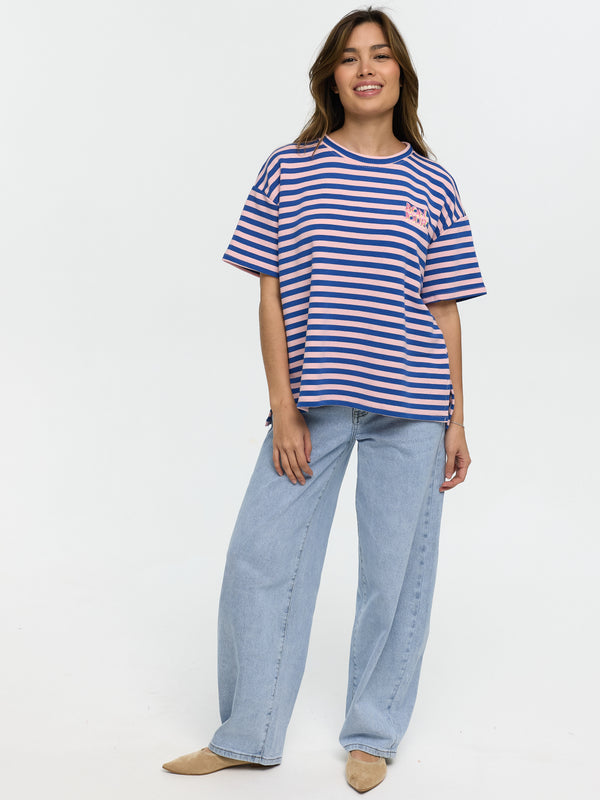 T-Shirt "Bonjour" in Rosa/Blau gestreift