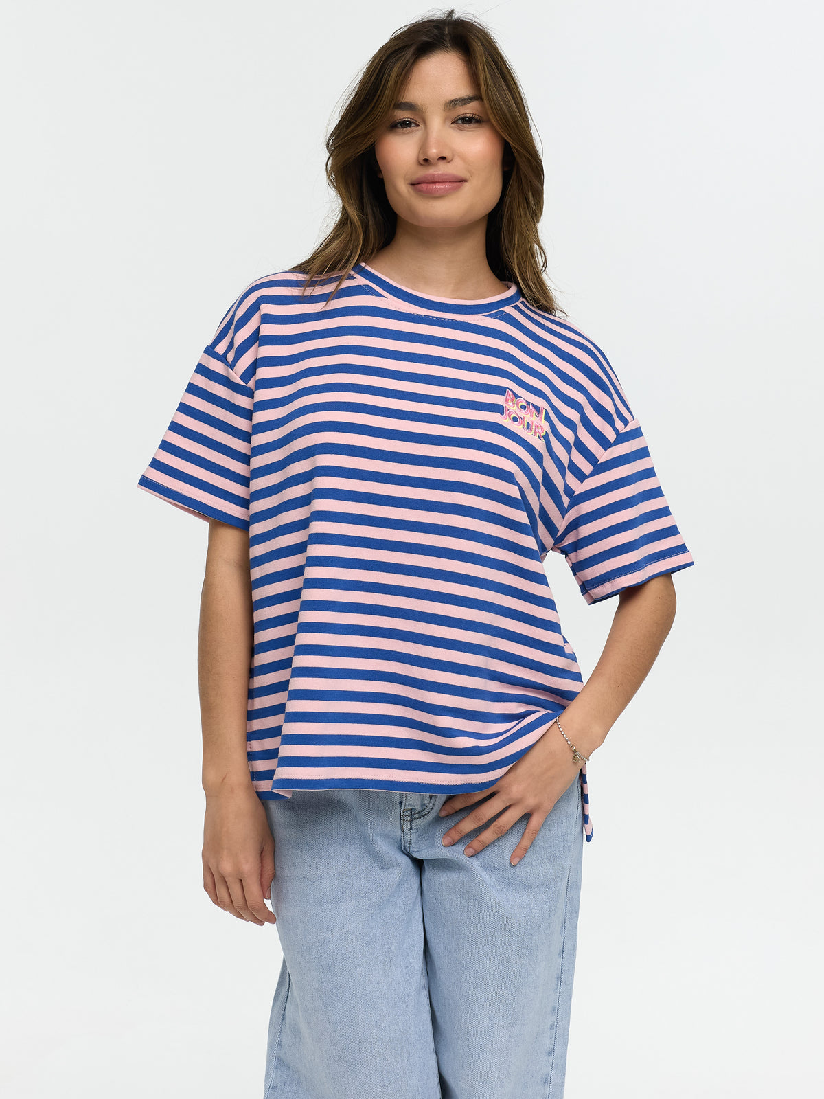 T-Shirt "Bonjour" in Rosa/Blau gestreift