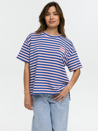 T-Shirt "Bonjour" in Rosa/Blau gestreift