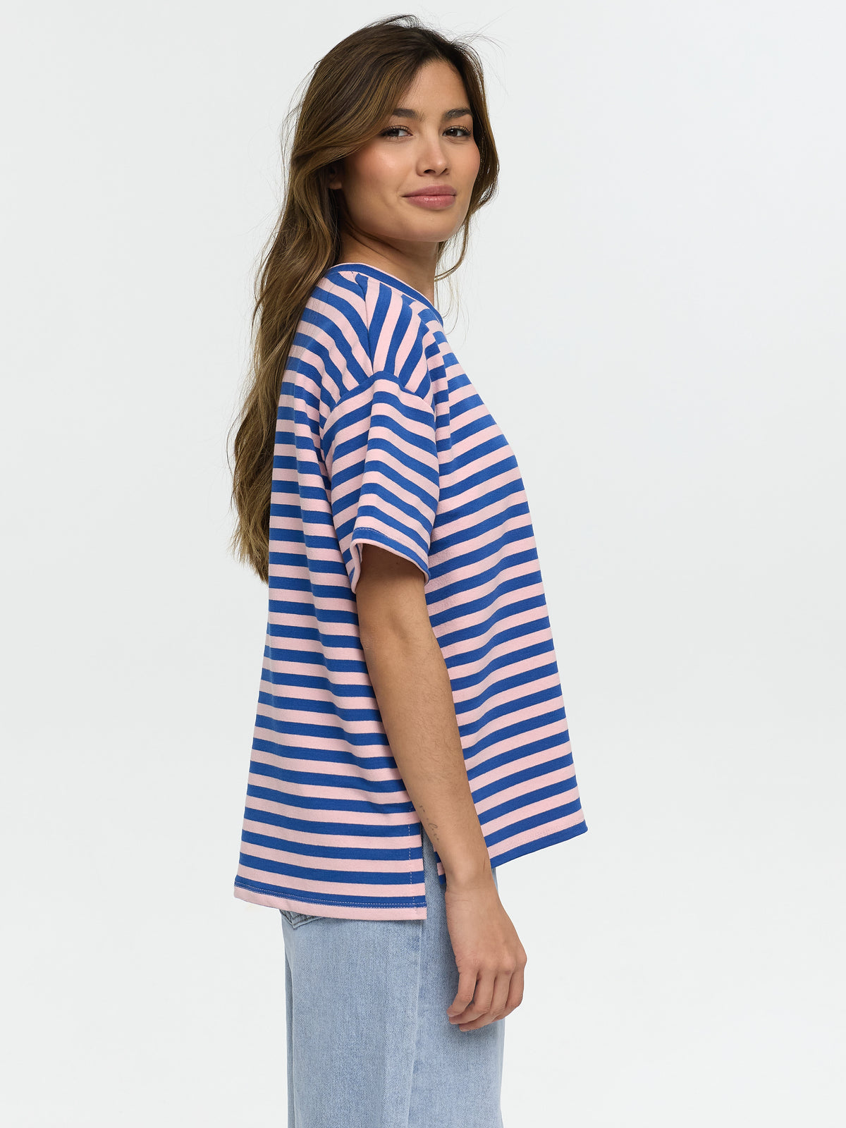 T-Shirt "Bonjour" in Rosa/Blau gestreift