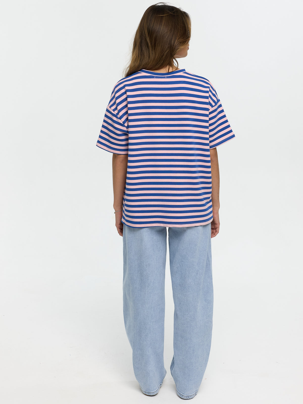 T-Shirt "Bonjour" in Rosa/Blau gestreift