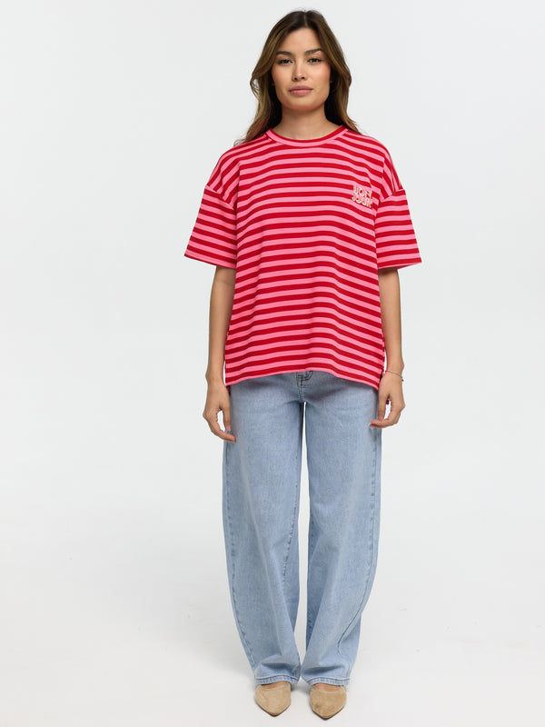 T-Shirt "Bonjour" in Pink/Rot gestreift