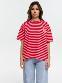 T-Shirt "Bonjour" in Pink/Rot gestreift