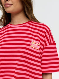 T-Shirt "Bonjour" in Pink/Rot gestreift