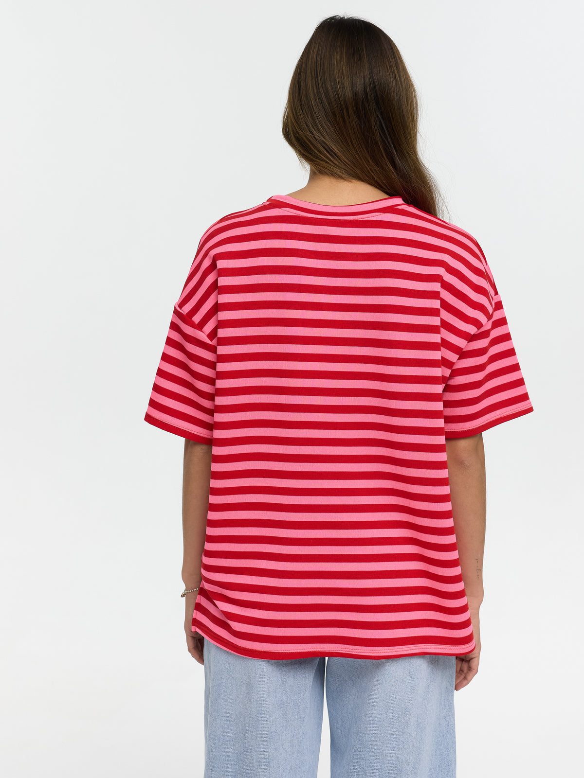 T-Shirt "Bonjour" in Pink/Rot gestreift