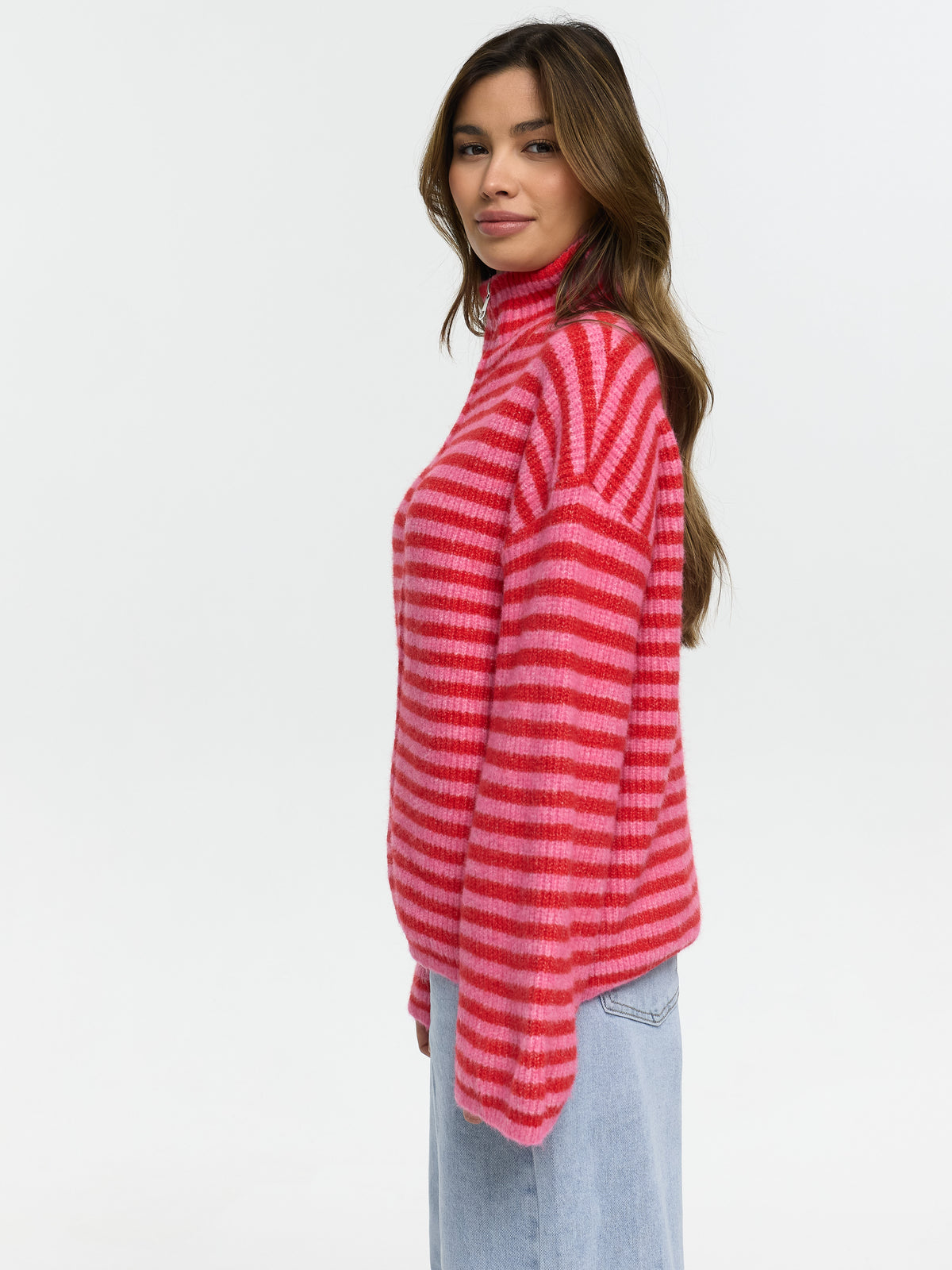 Strickjacke mit Zipper "Vika" in Rot/Rosa gestreift