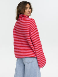 Strickjacke mit Zipper "Vika" in Rot/Rosa gestreift