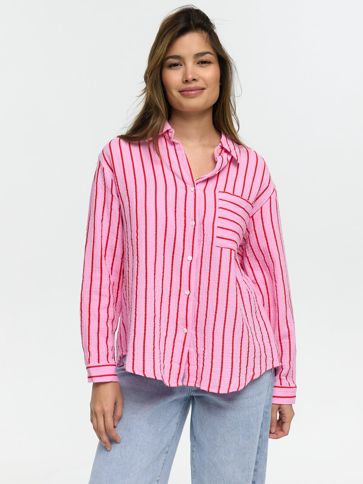 Musselin-Bluse "Svenja" in Rosa/Rot gestreift