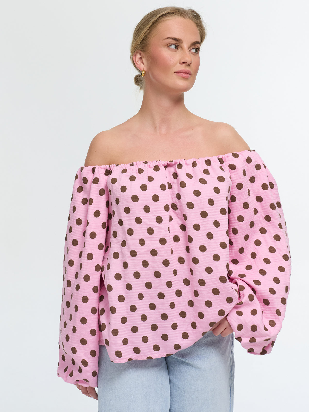 Top "Carmen" in Rosa/Weiß gepunktet