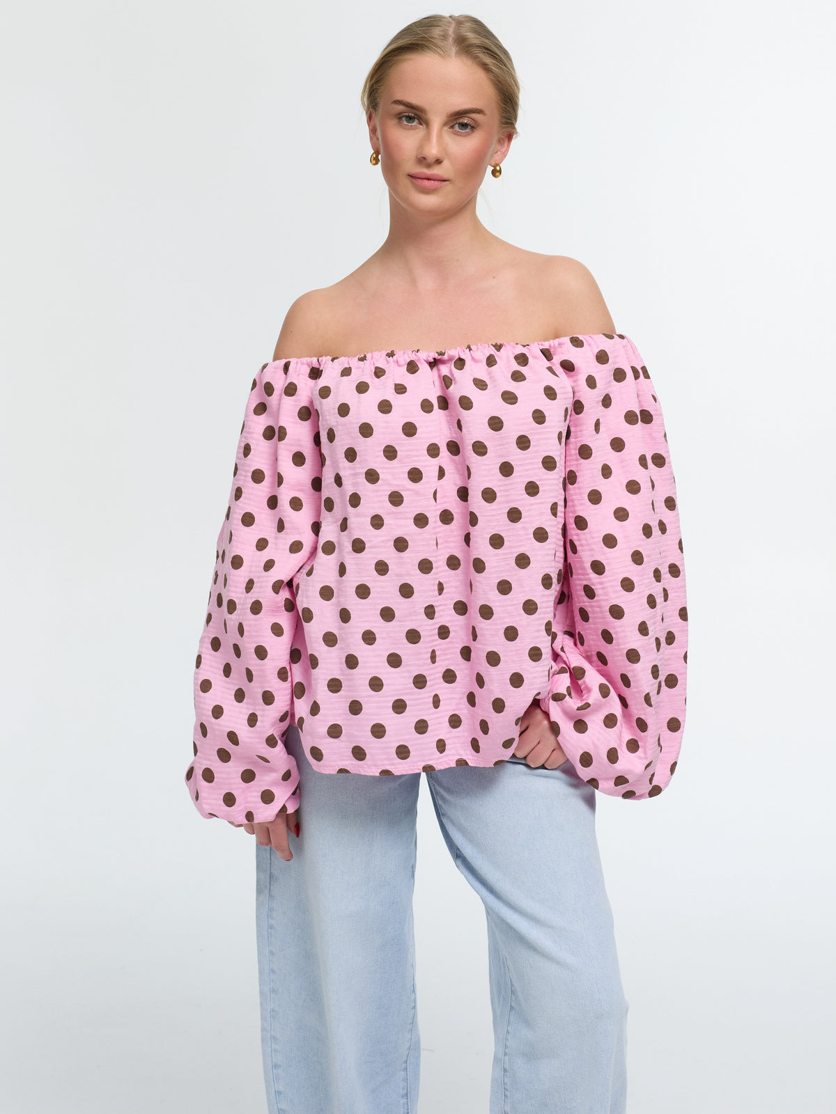 Top "Carmen" in Rosa/Weiß gepunktet
