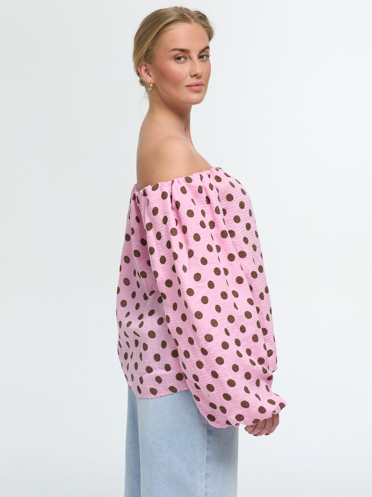 Top "Carmen" in Rosa/Weiß gepunktet