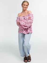 Top "Carmen" in Rosa/Weiß gepunktet