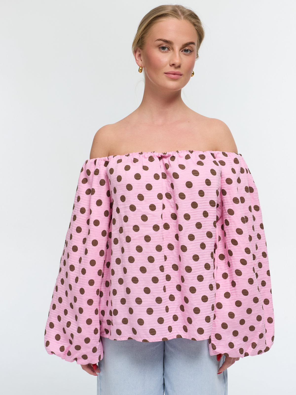 Top "Carmen" in Rosa/Weiß gepunktet